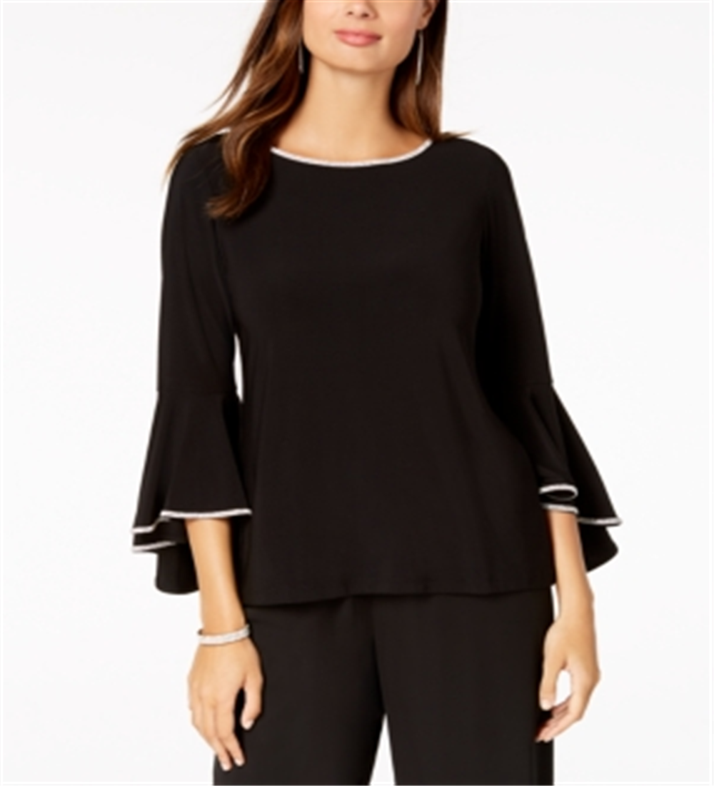 Blusa feminina MSK com manga sino e acabamento em strass, preta, tamanho pequeno médio