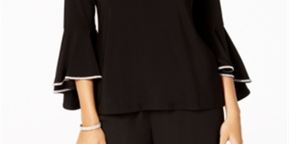 Blusa feminina MSK com manga sino e acabamento em strass, preta, tamanho pequeno médio