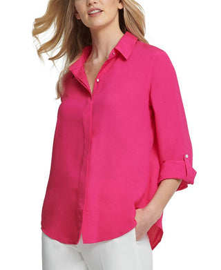 Blusa feminina DKNY com mangas e carcela oculta, rosa, tamanho extragrande