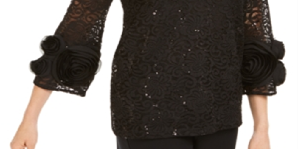 Top de renda rosa feminino JM Collection, preto, tamanho médio