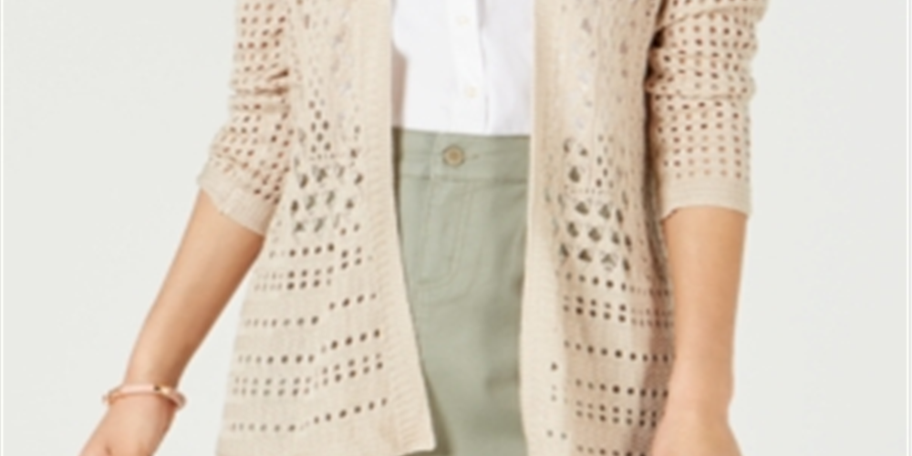 Cardigan feminino Charter Club com ponto aberto, suéter marrom, tamanho grande