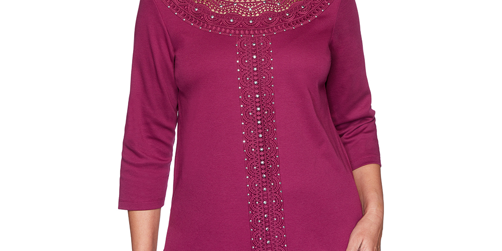 Blusa feminina Alfred Dunner Autumn Harvest com acabamento em renda, roxa, tamanho 3X