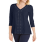 JM Collection Top feminino texturizado com acabamento em crochê e renda, azul, tamanho XX-G