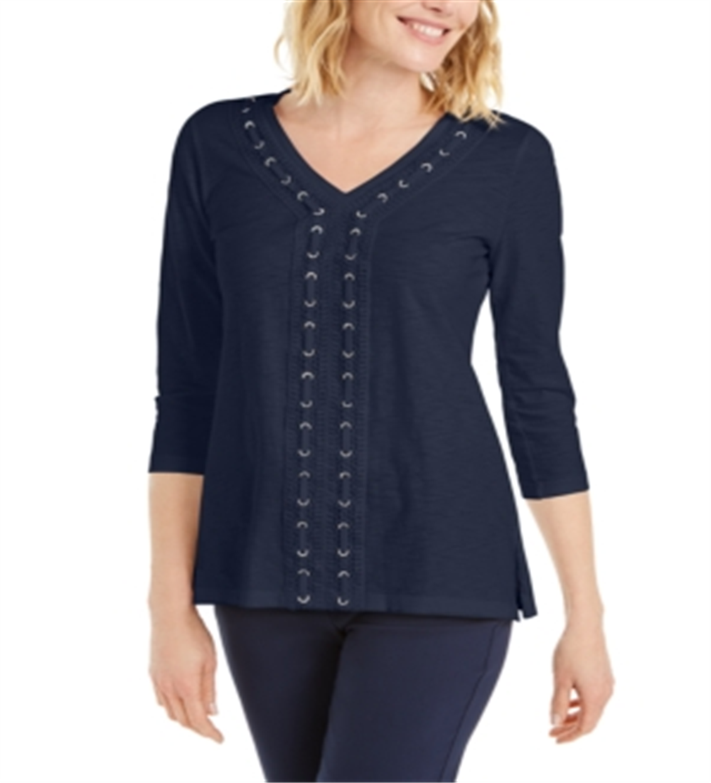 JM Collection Top feminino texturizado com acabamento em crochê e renda, azul, tamanho XX-G