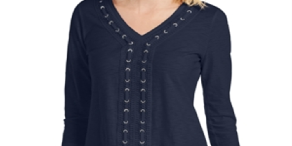 JM Collection Top feminino texturizado com acabamento em crochê e renda, azul, tamanho XX-G