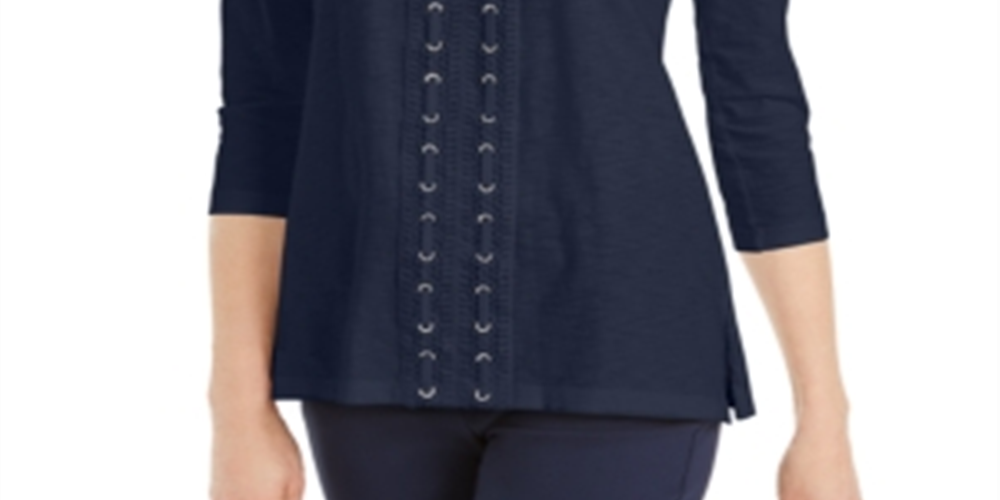 JM Collection Top feminino texturizado com acabamento em crochê e renda, azul, tamanho XX-G