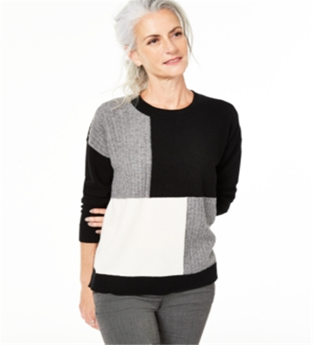 Suéter de cashmere feminino Charter Club Colorblock, preto, tamanho grande
