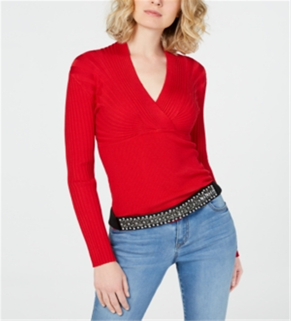 Top texturizado feminino de manga comprida e decote em V IINC International Concepts, vermelho, tamanho XX-G
