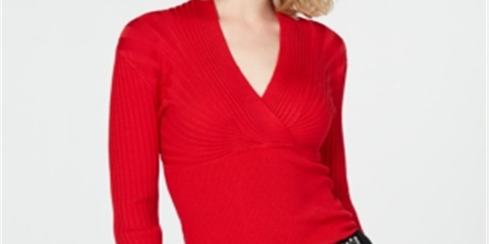 Top texturizado feminino de manga comprida e decote em V IINC International Concepts, vermelho, tamanho XX-G