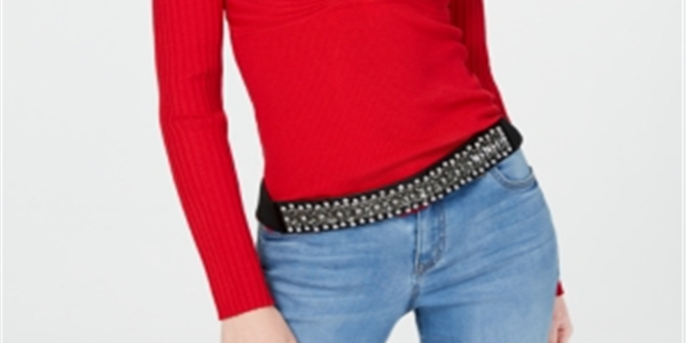 Top texturizado feminino de manga comprida e decote em V IINC International Concepts, vermelho, tamanho XX-G