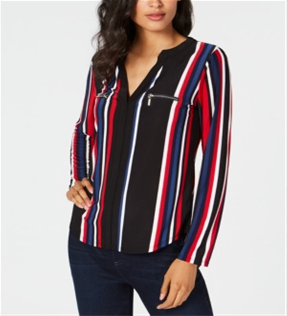 IINC International Concepts Blusa feminina listrada de manga comprida com decote em V e tamanho grande