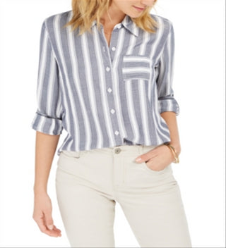 Blusa listrada estilo &amp; co pequena com aba dobrada, azul, tamanho pequeno P