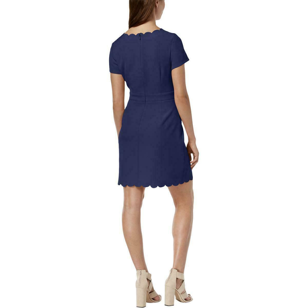 Vestido de coquetel feminino Maison Jules, manga curta, gola alta, bainha acima do joelho, azul, tamanho 2