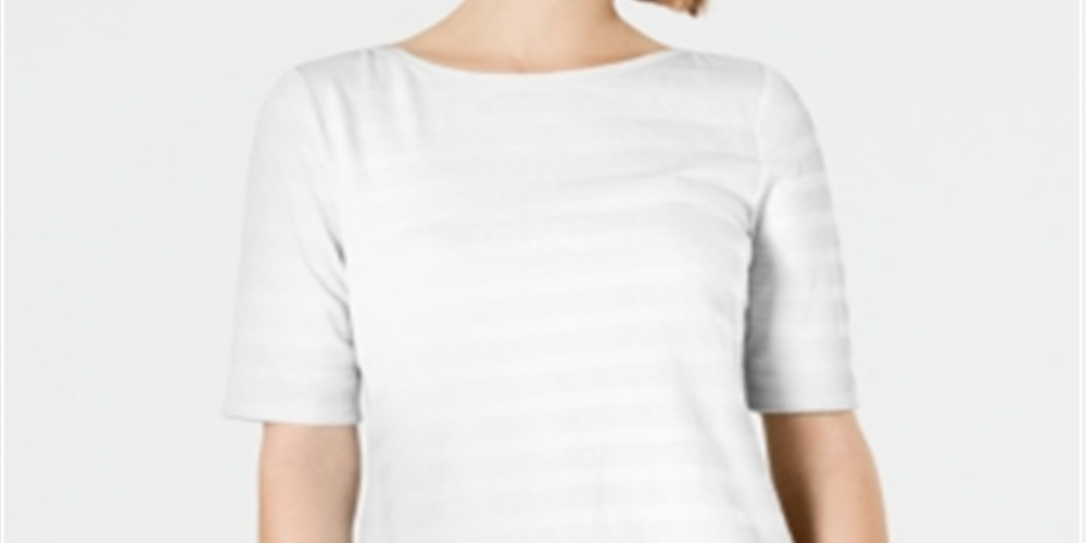 Charter Club Top feminino listrado com textura de algodão e manga cotovelo, branco, tamanho extragrande
