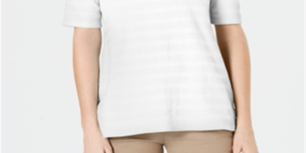 Charter Club Top feminino listrado com textura de algodão e manga cotovelo, branco, tamanho extragrande