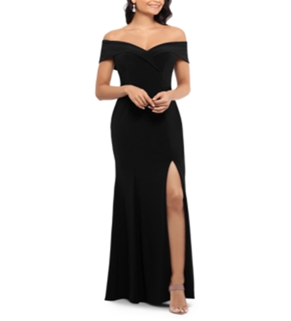 Vestido de festa longo com decote coração e manga curta feminino Xscape, preto, tamanho 6