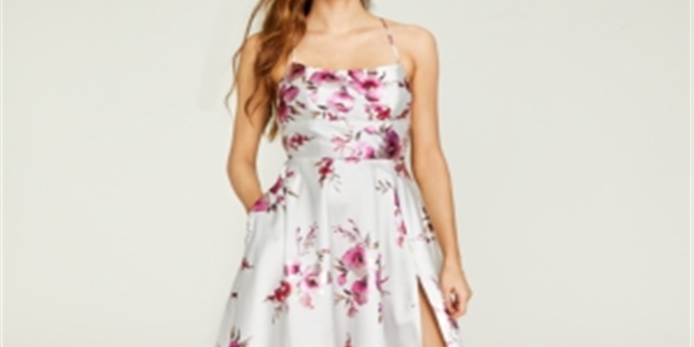 Vestido feminino B. Darlin com decote quadrado, fenda floral, alças finas, comprimento total, corte formal, tamanho 1/2, branco