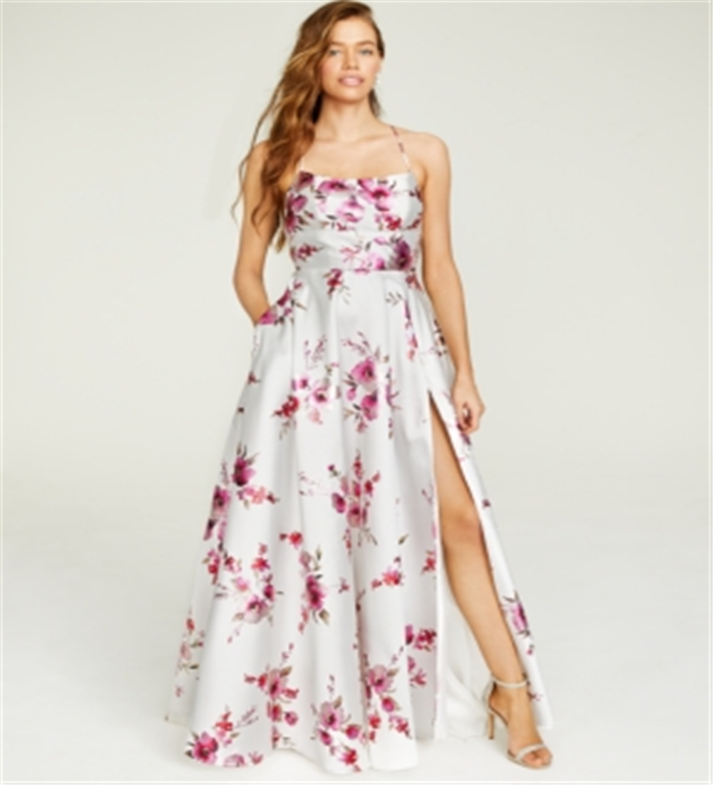 Vestido feminino B. Darlin com decote quadrado, fenda floral, alças finas, comprimento total, corte formal, branco, tamanho 0
