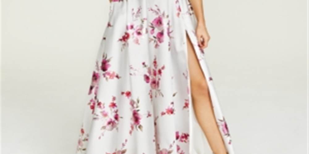 Vestido feminino B. Darlin com decote quadrado, fenda floral, alças finas, comprimento total, corte formal, branco, tamanho 0