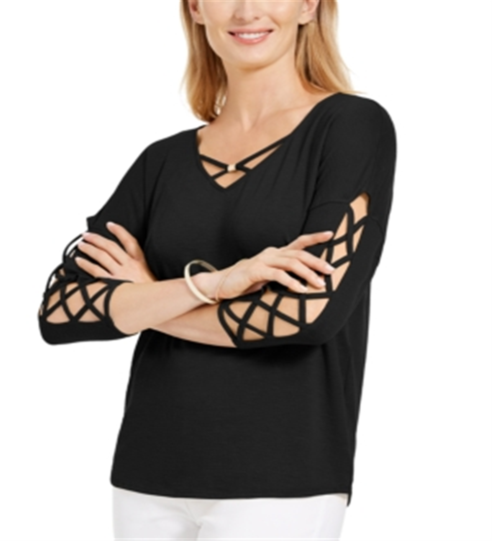 Blusa feminina com mangas longas e decote em V, preta, tamanho P, da coleção JM