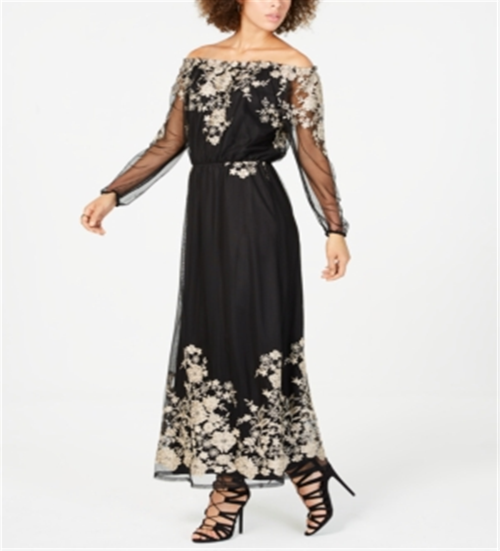 Vestido longo feminino bordado ombro a ombro da INC International Concepts, preto, tamanho 10