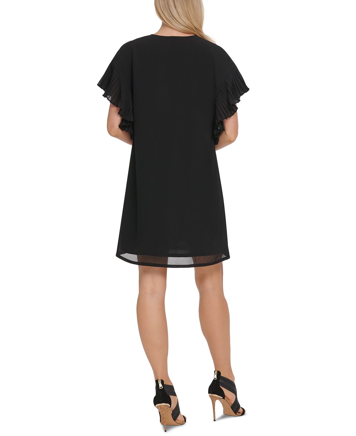 Vestido de festa feminino DKNY com decote em V e pregas, preto, tamanho médio