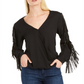Inc Feminino Novo Top Preto com Franjas e Gola V Enfeitada Manga Longa Tamanho M