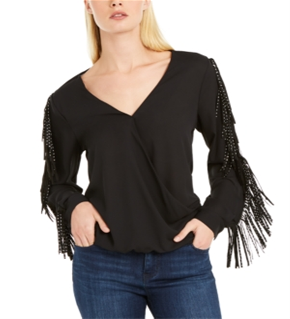 Inc Feminino Novo Top Preto com Franjas e Gola V Enfeitada Manga Longa Tamanho M