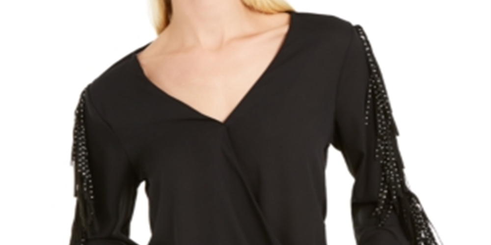 Inc Feminino Novo Top Preto com Franjas e Gola V Enfeitada Manga Longa Tamanho M
