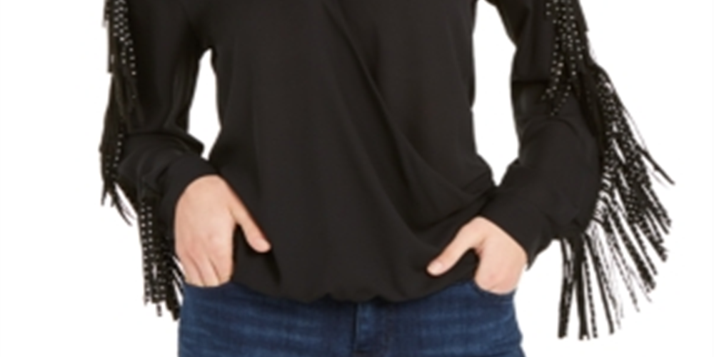 Inc Feminino Novo Top Preto com Franjas e Gola V Enfeitada Manga Longa Tamanho M