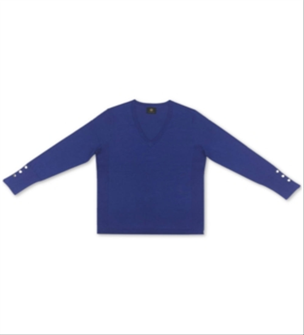 Suéter feminino JM Collection com punho de botão e decote em V, azul, tamanho 2XL