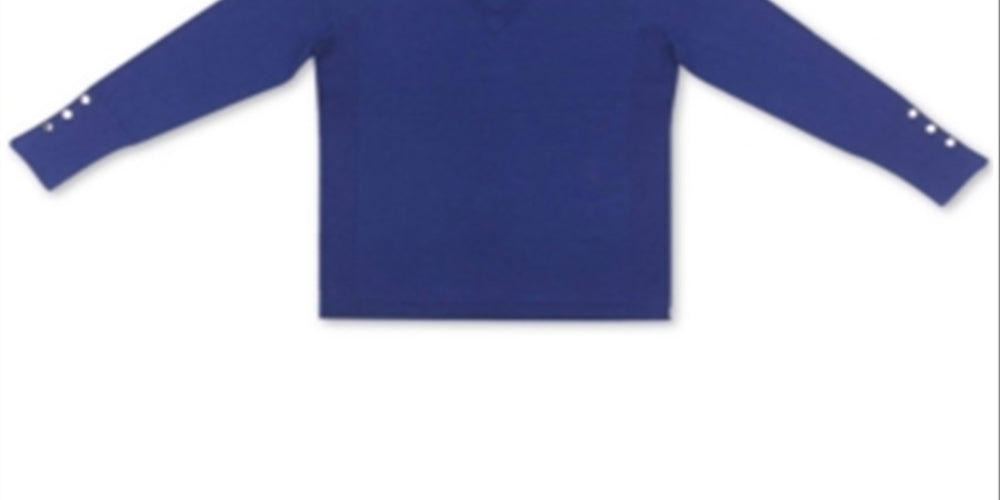 Suéter feminino JM Collection com punho de botão e decote em V, azul, tamanho 2XL