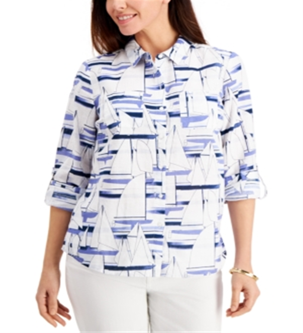 Camisa feminina com estampa de veleiro Charter Club, branca, tamanho XX-G