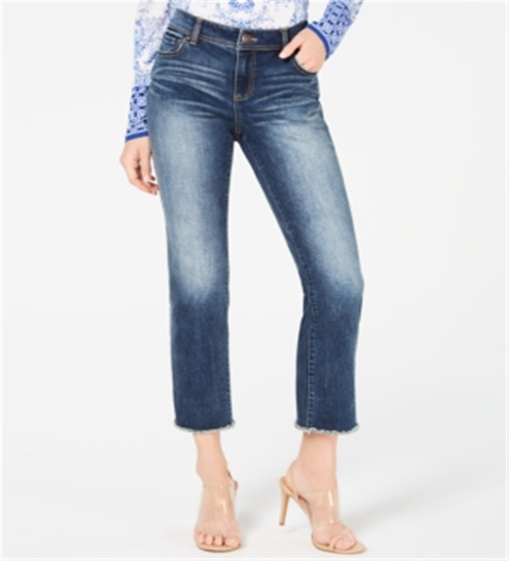 Calça jeans feminina cropped com bainha crua e perna reta, azul, tamanho 4, da Inc International Concepts
