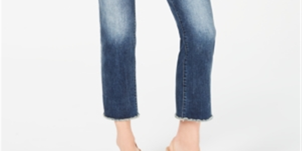 Calça jeans feminina cropped com bainha crua e perna reta, azul, tamanho 4, da Inc International Concepts