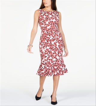 Vestido sereia MIDI com decote em joia estampado Alfani feminino, tamanho 14, vermelho