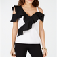 Blusa feminina com babados e blocos de cores da INC International Concepts, preta, tamanho PP