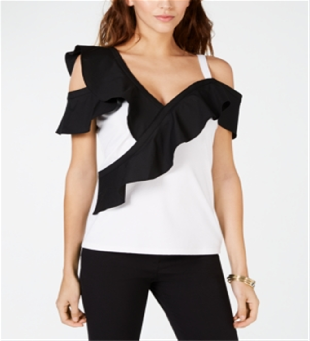 Blusa feminina com babados e blocos de cores da INC International Concepts, preta, tamanho PP
