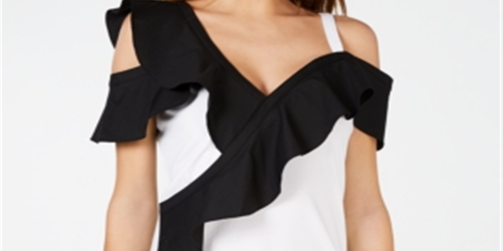 Blusa feminina com babados e blocos de cores da INC International Concepts, preta, tamanho PP