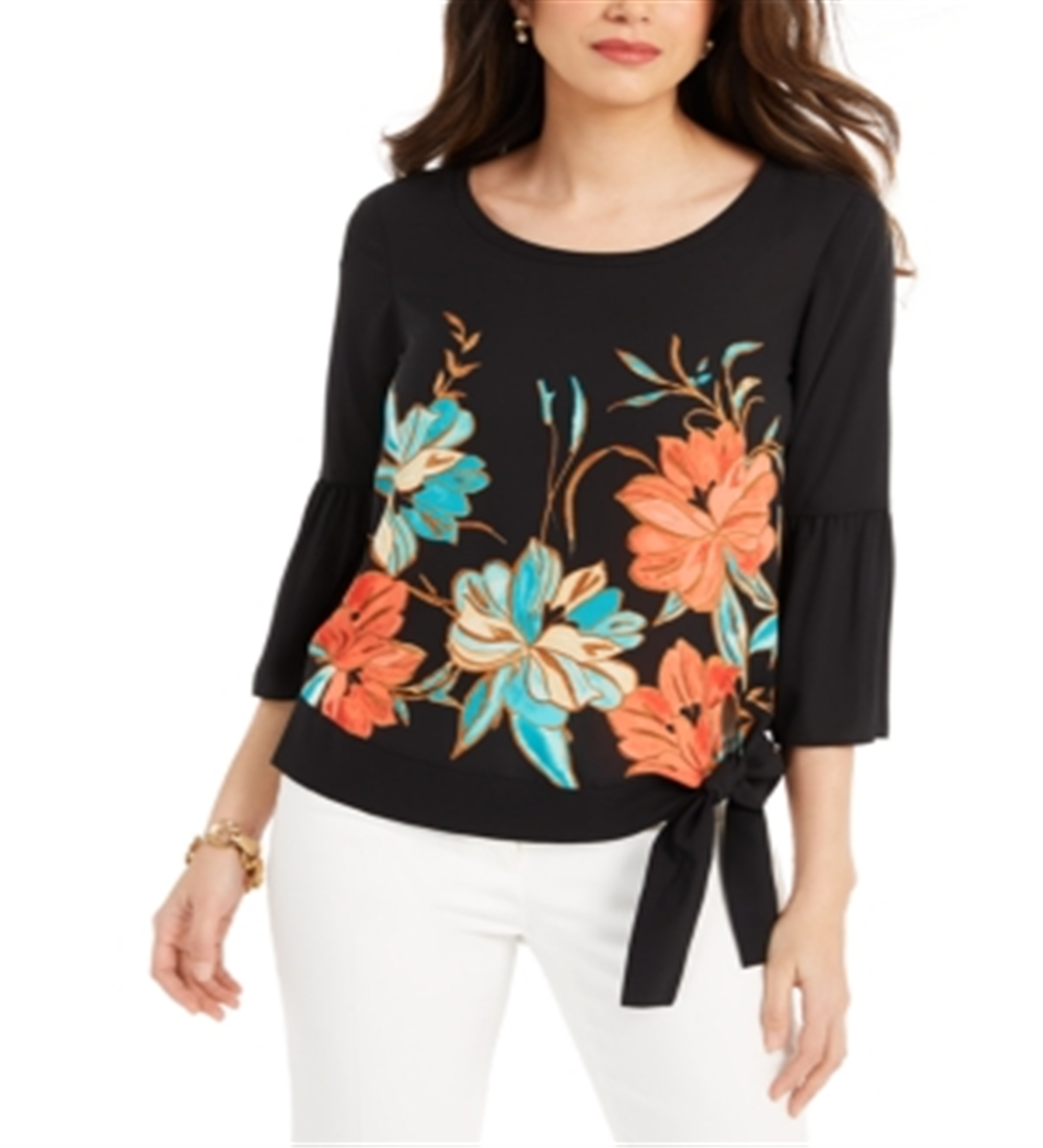 Blusa feminina estampada com manga sino JMCollection, preta, tamanho X-S