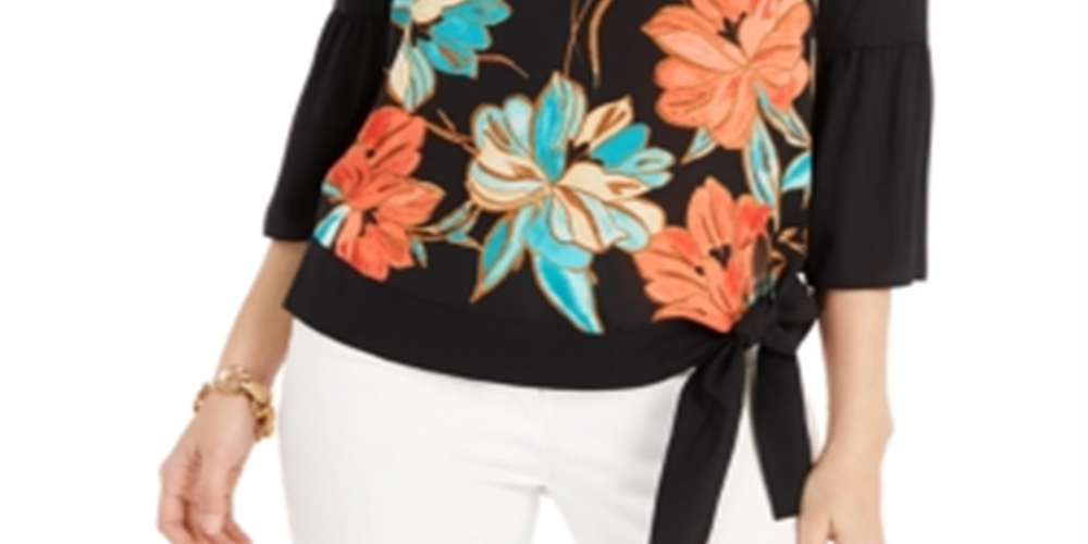 Blusa feminina estampada com manga sino JMCollection, preta, tamanho X-S