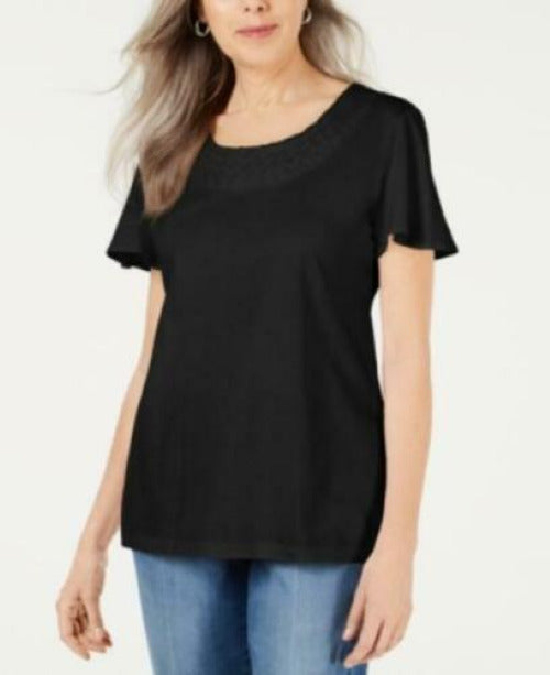 Karen Scott Blusa Feminina com Mangas Flutter e Acabamento em Basketweave, Preta, Tamanho P