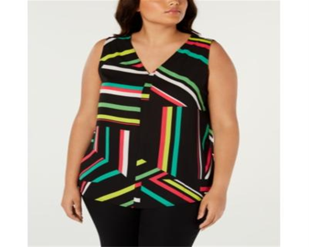 Blusa feminina estampada com decote em V Bar III, preta, tamanho 1X