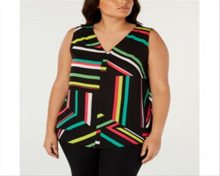 Blusa feminina estampada com decote em V Bar III, preta, tamanho 1X