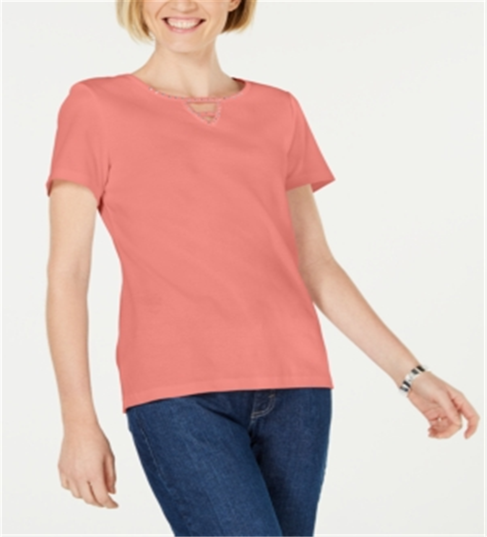 Karen Scott Top Feminino de Algodão com Tachas e Decote em Forma de Fechadura Laranja Tamanho Pequeno GG