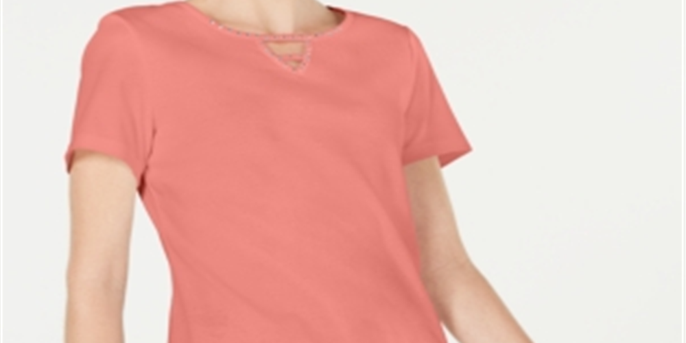 Karen Scott Top Feminino de Algodão com Tachas e Decote em Forma de Fechadura Laranja Tamanho Pequeno GG