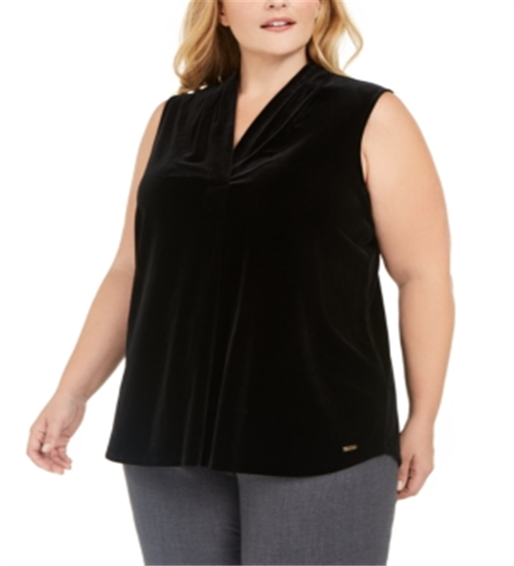 Blusa Calvin Klein Feminina Plus Size de Veludo com Gola V Preta Tamanho 1X