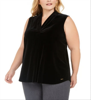 Blusa Calvin Klein Feminina Plus Size de Veludo com Gola V Preta Tamanho 1X