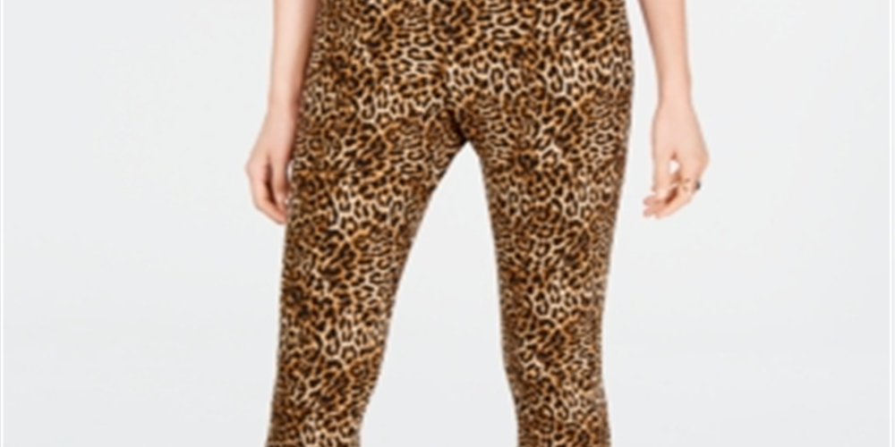 Calça skinny feminina INC com estampa de leopardo e elástico no tornozelo, marrom, tamanho 14