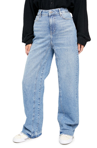 Calça jeans feminina Free People Relaxed Straight Slouch - Yucca Valley Indigo Blue, tamanho 30